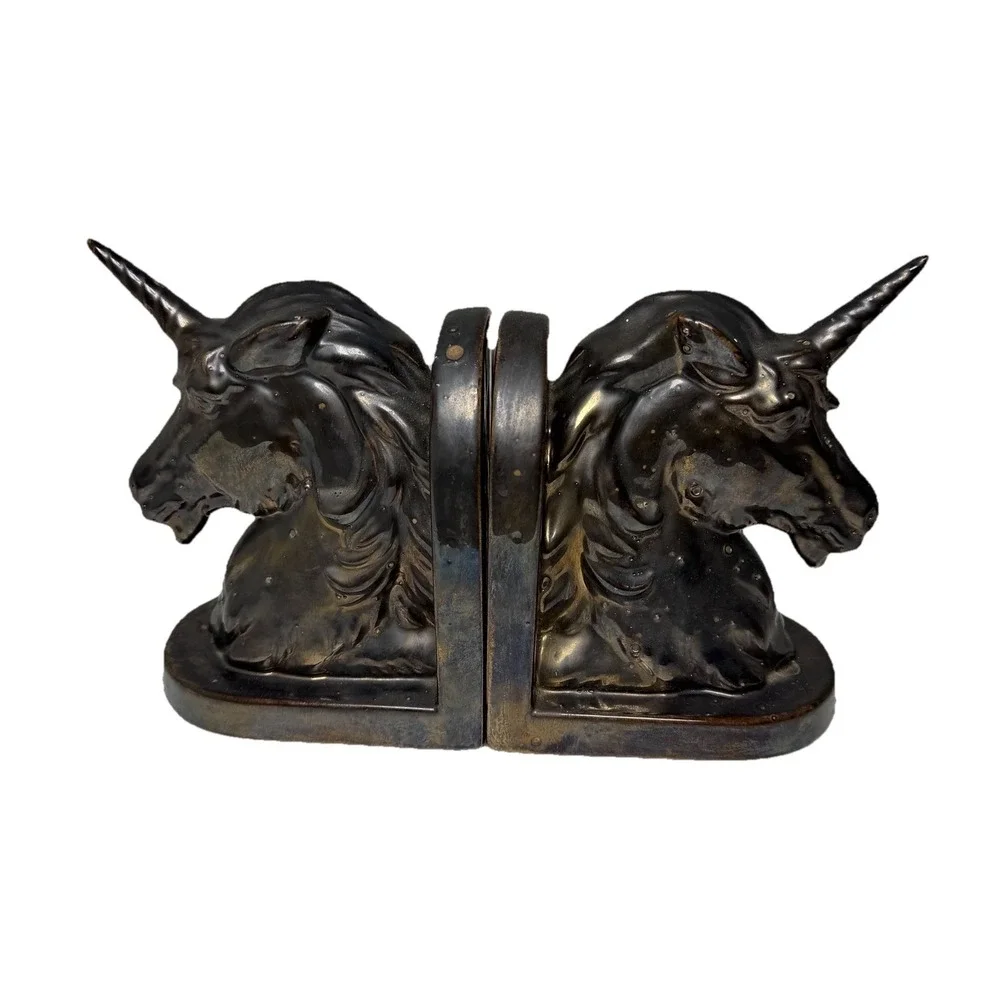Set Of 2 VTG Ceramic Unicorn Bookends 80s Fantasy Bronze‎ Glaze Horn 7